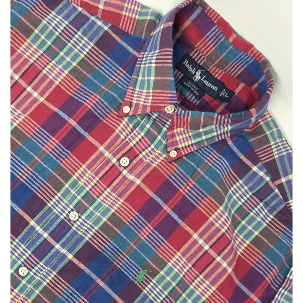 VINTAGE Polo Ralph Lauren Blake Shirt Button Down Mens Large Plaid Short Sleeve